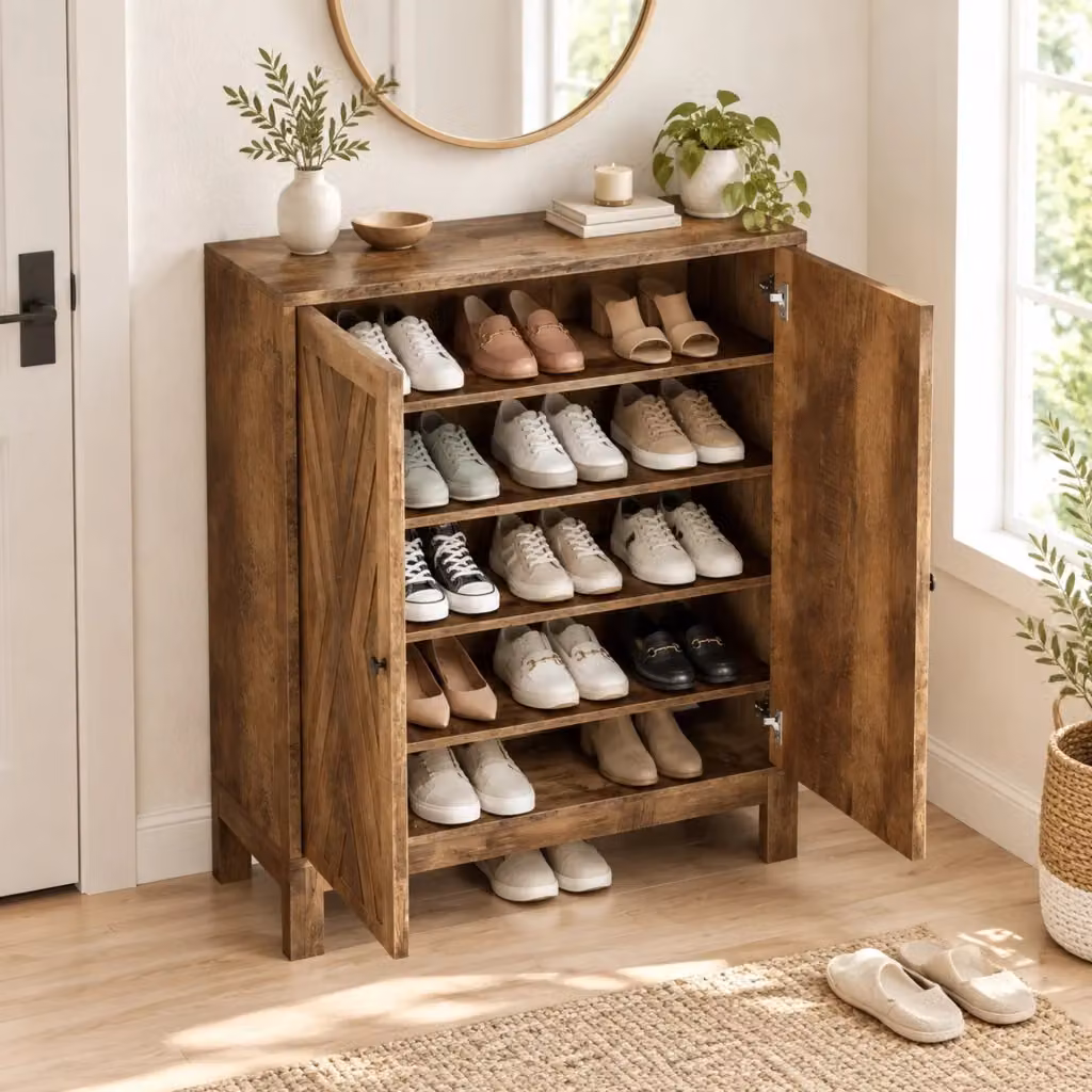Scarpiera in stile industrial con ante a battente e ripiani regolabili in MDF e metallo, colore marrone e nero – 2