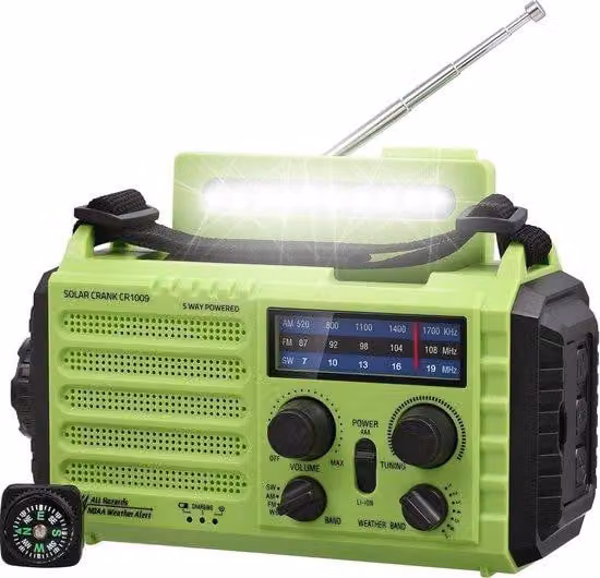 Radio a dinamo per escursioni e campeggio, impermeabile, luce a LED, power bank, AM/FM, lampada a dinamo ricaricabile