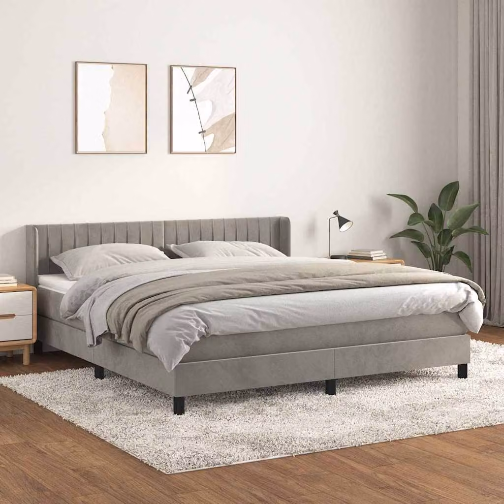 vidaXL Giroletto a Molle con Materasso Ibrido in Velluto Grigio Chiaro L/P/H: 163 x 160 x 203 cm – 1