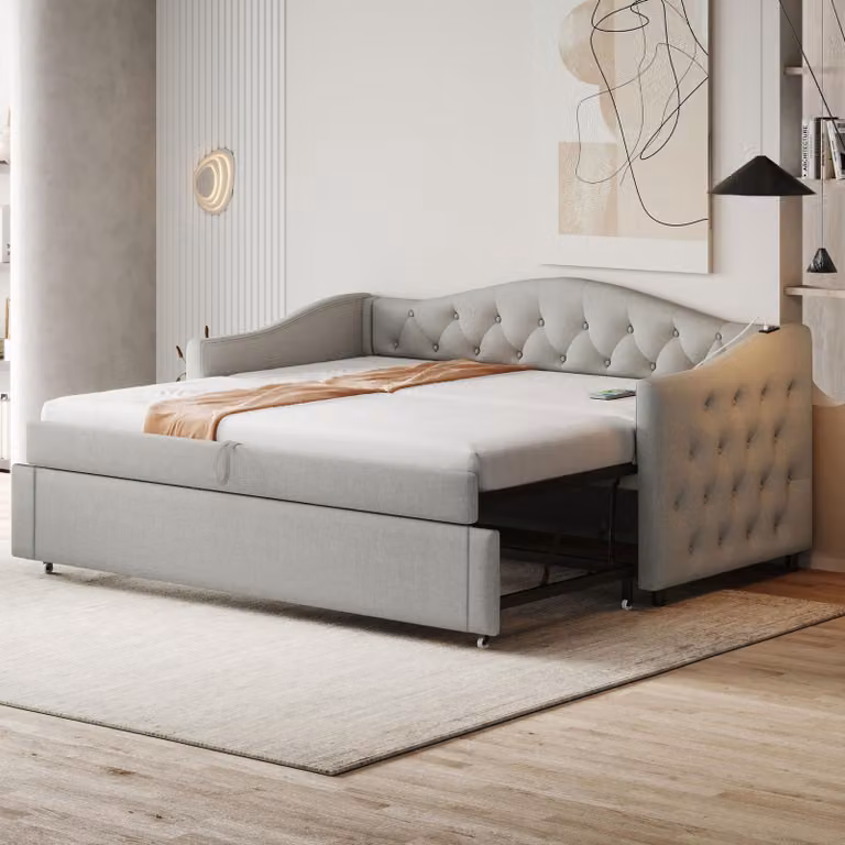 Letto imbottito 90x200 cm, divano letto con meccanismo estraibile, porta USB, design a bottoni e rete a doghe. Letto multifunzionale con rivestimento in lino