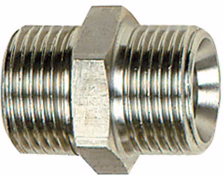 Nipplo Riegler a doppia filettatura, M5 a., M5 a., SW 7, acciaio inox 1.4571