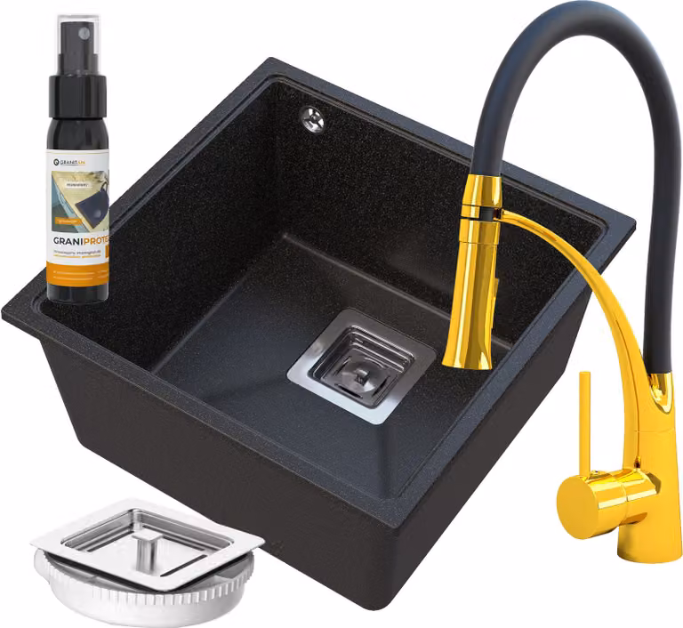 Granitan - Lavello in granito - Lavello da cucina - 42 cm - Nero-oro - Lavello - NAPO