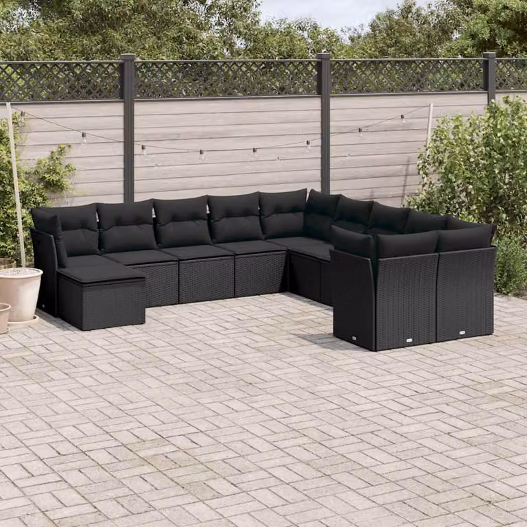 Set di divani da giardino vidaXL a forma di L composto da 11 pezzi in polyrattan nero con cuscini inclusi
