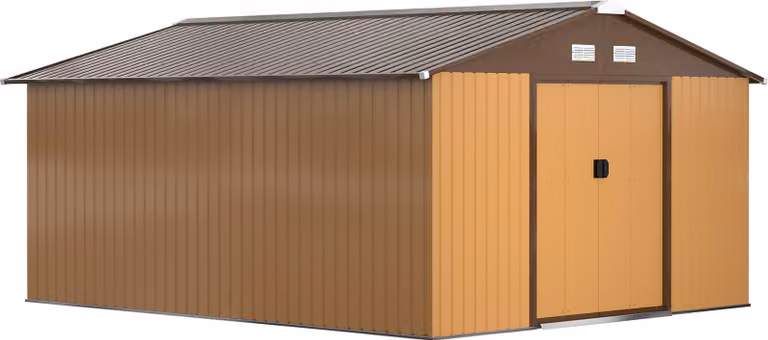 Capanno per attrezzi Moonbite, dimensioni 340 x 386 x 200 cm, con base in acciaio zincato, dotato di 2 porte scorrevoli, 2 aperture per finestre per lato, resistente alla ruggine, realizzato in acciaio, colore giallo