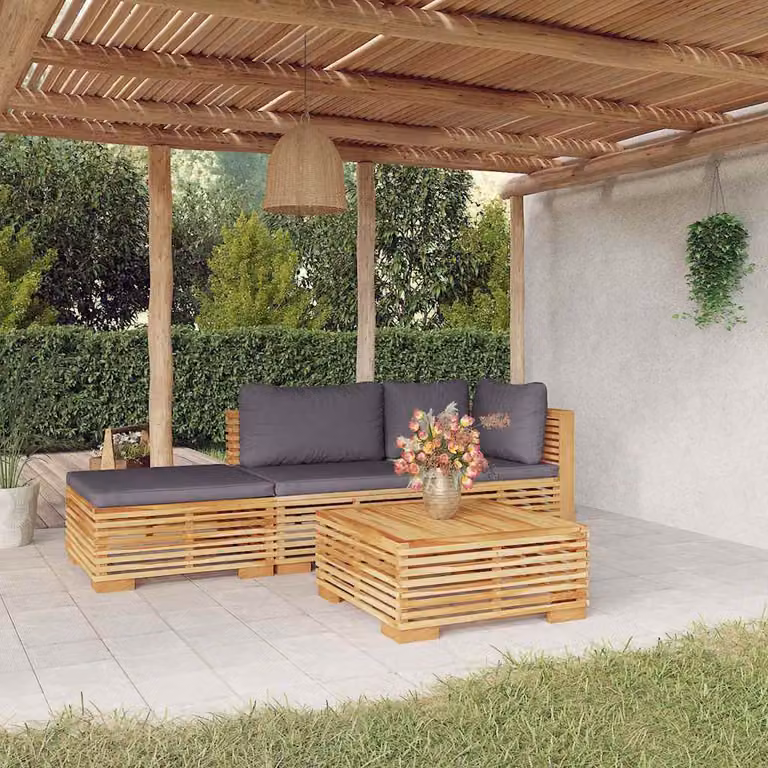 vidaXL Set Divani da Giardino 4 pz a L in Legno di Teak con Cuscini, Colore Marrone e Grigio