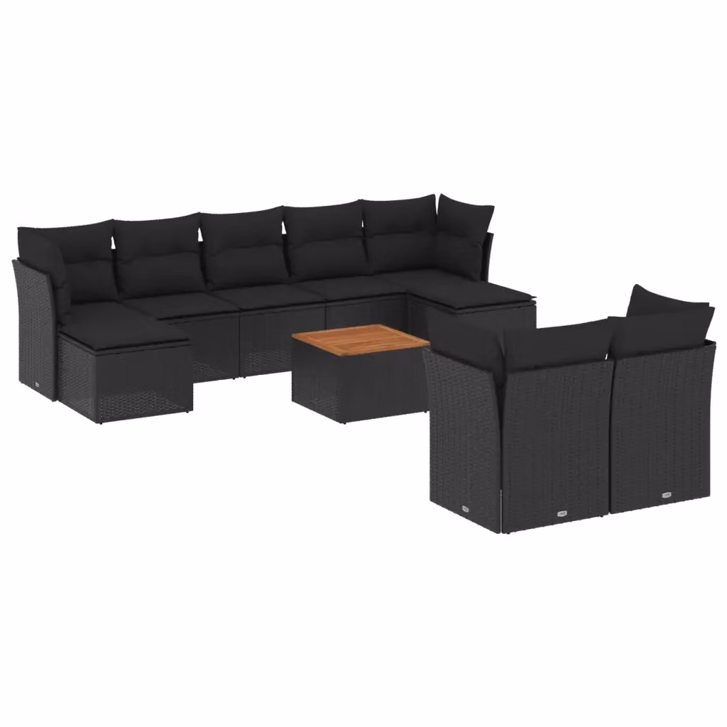 vidaXL Set Divani da Giardino 10pz in Polyrattan Nero con Cuscini e Tavolino da Esterno – 2