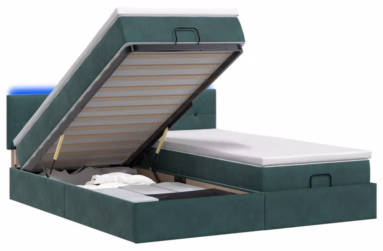 Panca-letto con materasso e illuminazione LED, verde scuro, 180 x 200 cm, rivestita in velluto