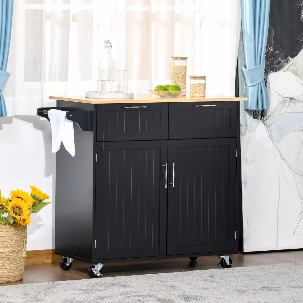 EasyComfort Carrello da Cucina Multiuso in Legno Nero con 2 Cassetti e Armadietto, L/P/H: 104 x 46 x 91 cm – 2