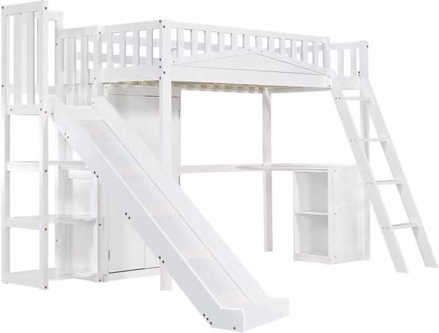 Letto a castello per bambini con scivolo, scrivania e armadio, struttura in pino, MDF e compensato, bianco, 90x200 cm