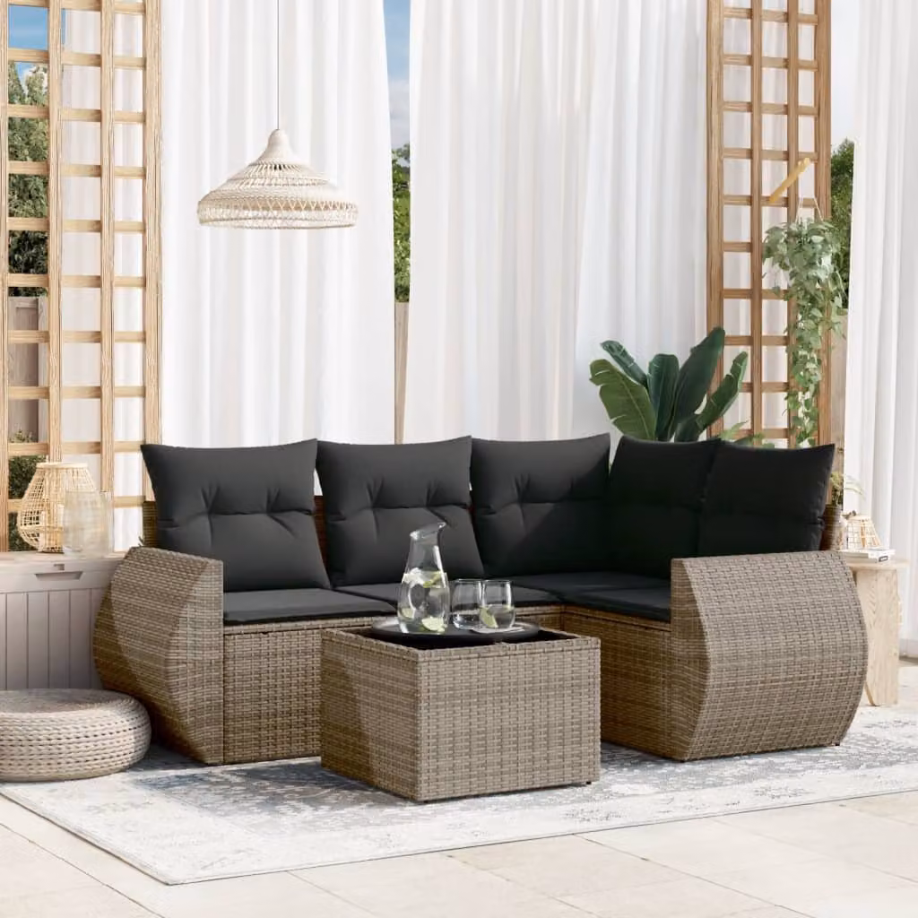 vidaXL Set Divano da Giardino a L 5 pz con Cuscini Grigio in Polyrattan e Tavolino in Vetro – 1