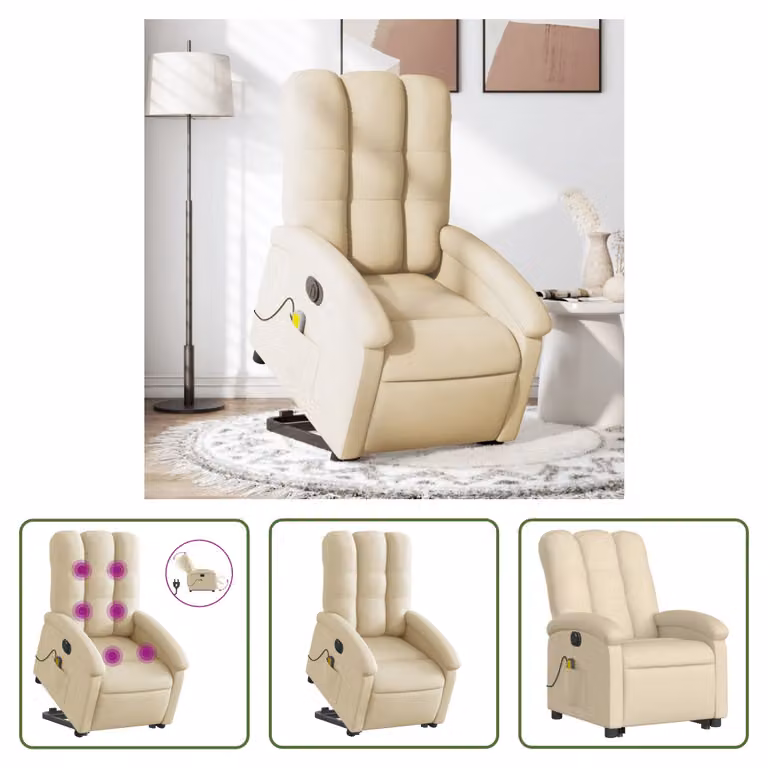 The Living Store Poltrona massaggiante elettrica con ausilio per la posizione eretta in tessuto crema