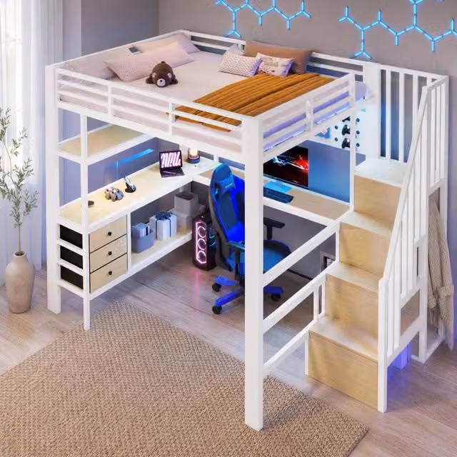 Letto a soppalco 140 × 200 cm 2 posti con 3 cassetti, scrivania, presa e luce LED regolabile, senza materasso, bianco