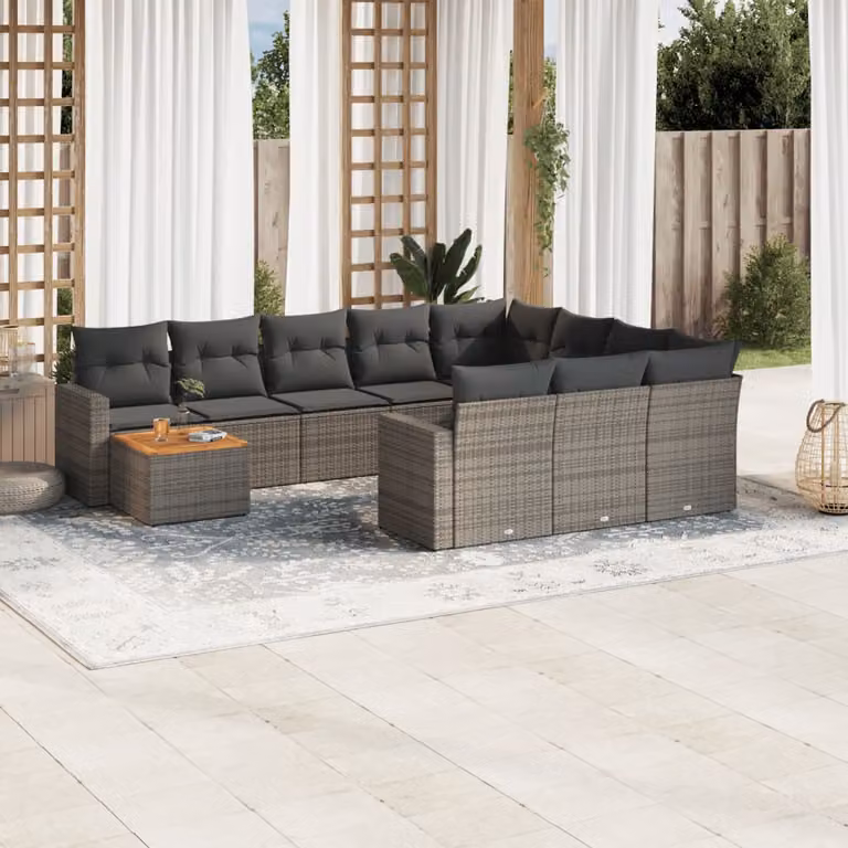 vidaXL Set Divani da Giardino 11 pz in Polyrattan Grigio con Cuscini e Tavolino da Caffè