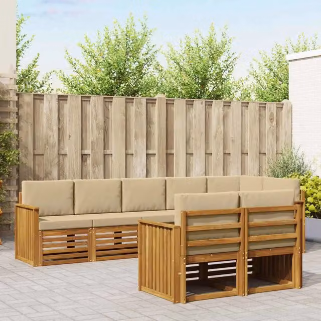 Set di divani da esterno a L vidaXL in legno di acacia con cuscini beige e marrone – 1
