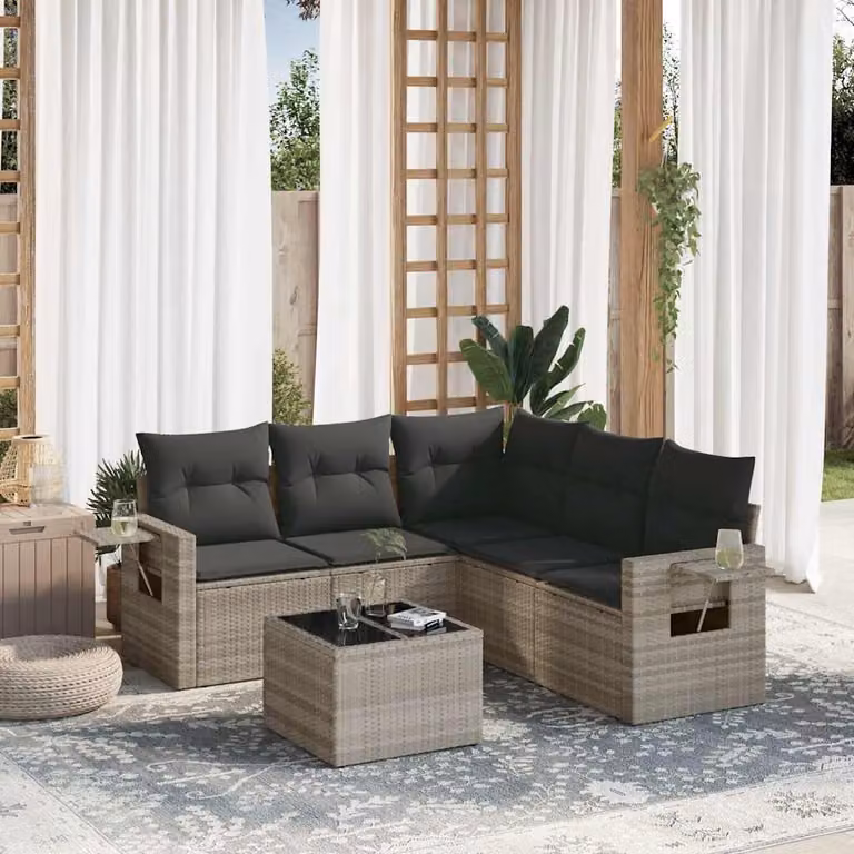 vidaXL Set Divano da Giardino a L in Polyrattan Grigio con Cuscini e Tavolino da Caffè