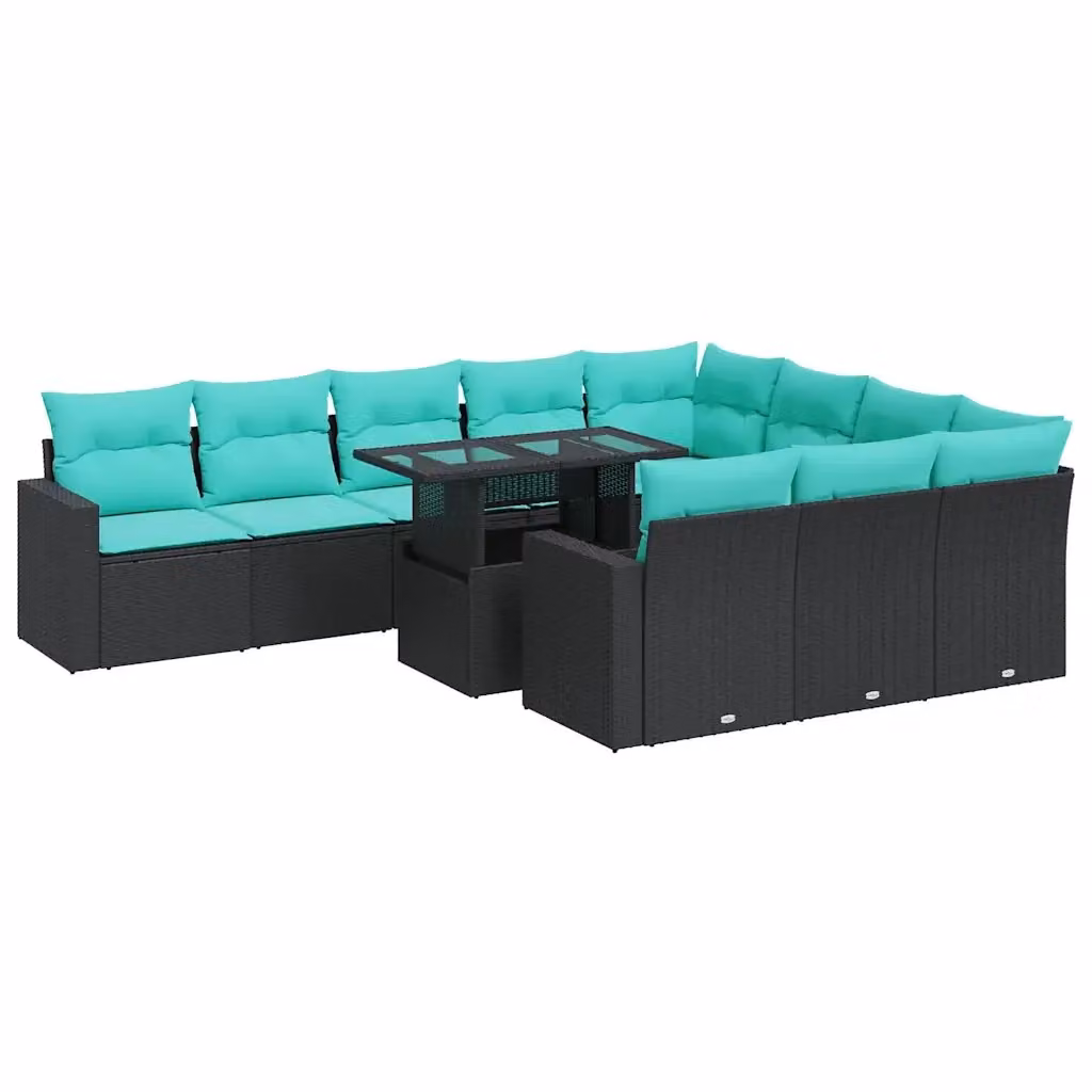 Set di Divani da Giardino a Forma di U vidaXL in Polyrattan Nero con Cuscini Blu Turchese e Tavolino da Esterno – 2