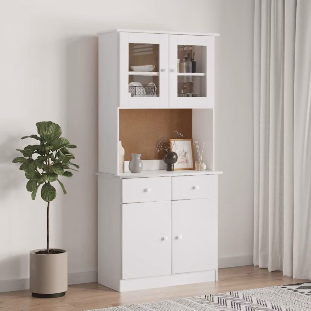 vidaXL Credenza Alta Bianca in Legno di Pino con Ante in Vetro L: 77 cm, P: 35 cm, H: 165 cm
