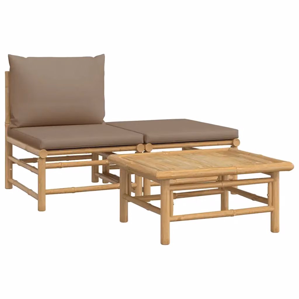 Set Salotto da Giardino vidaXL in Bambu con Divano a 3 Posti, Pouf e Tavolino, Colore Beige con Cuscini Inclusi – 2