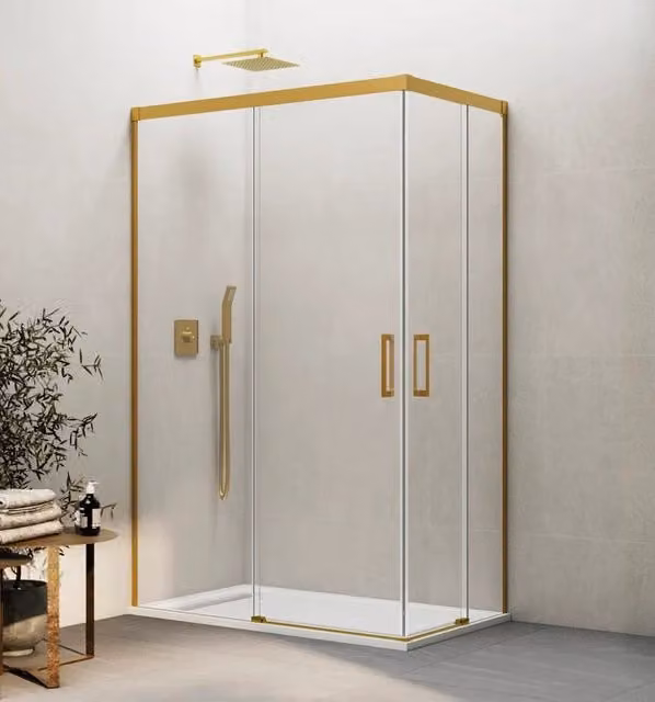 Box doccia angolare DUCHA BASIC con apertura al vertice, vetro trasparente e finitura oro, L: 130 cm, P: 75 cm