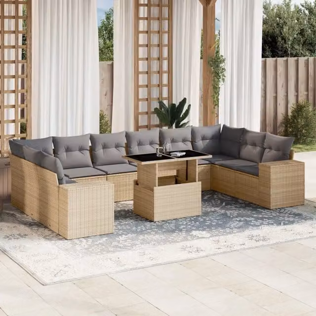 Set di Divani da Giardino vidaXL 11 Pezzi con Cuscini Beige e Grigio in Polyrattan e Metallo con Tavolino da Esterno