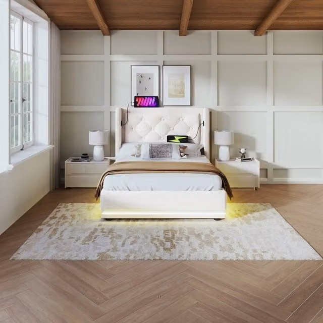 Letto imbottito singolo contenitore ¨C Minimal ¨C Beige 90x200 cm tessuto testiera con LED USB idraulico