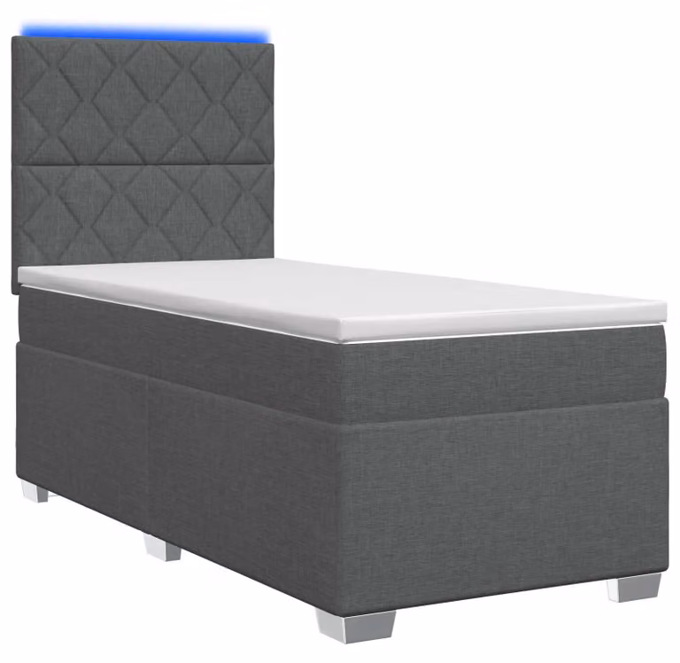 Letto con boxspring, materasso e illuminazione LED, colore grigio scuro, dimensioni 90 x 190 cm, rivestito in tessuto
