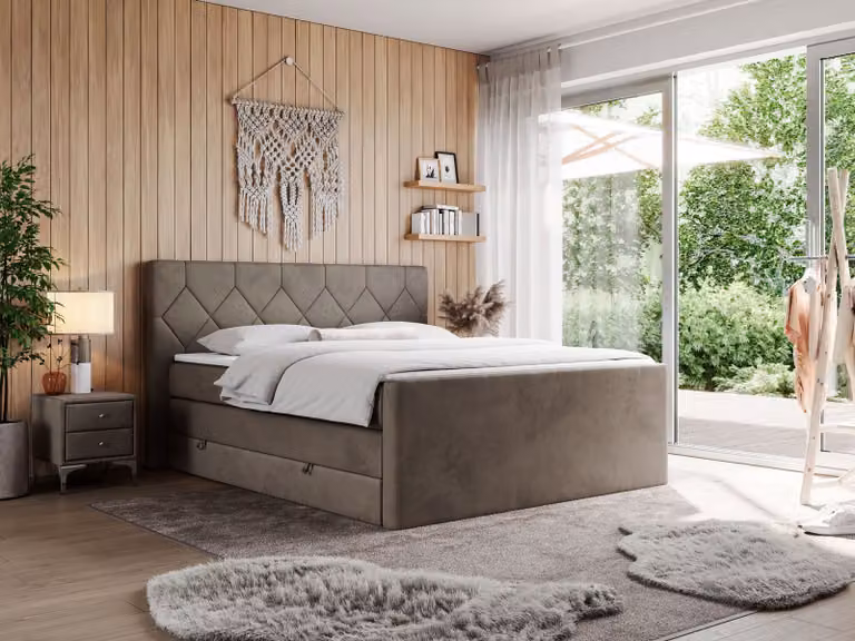 Letto boxspring con materasso matrimoniale, due cassetti portaoggetti e coprimaterasso, per camera da letto - KING EIGAR - 160x200 cm - Marrone - H3