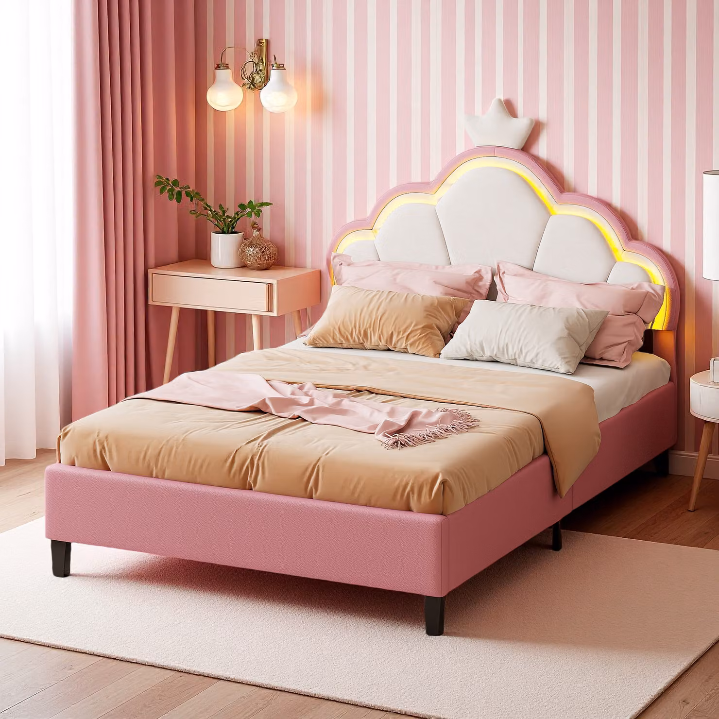 UnboxG Letto imbottito 140x200cm con rete a doghe, letto per ragazzi con LED, letto matrimoniale con cornice, letto matrimoniale in legno letto per ragazzi in Pelle finta, rosa