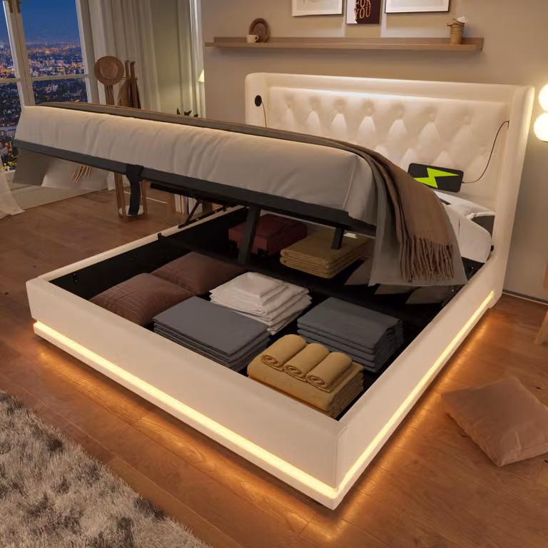 Letto imbottito Flieks 160x200cm con USB e Type-C, letto matrimoniale per ragazzi con LED, letto contenitore idraulico con rete a doghe, Pelle finta, bianco