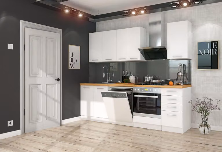 Cucina Eko White Basic 240 cm bianca, angolo cottura, blocco cucina, cucina componibile, cucina monoblocco