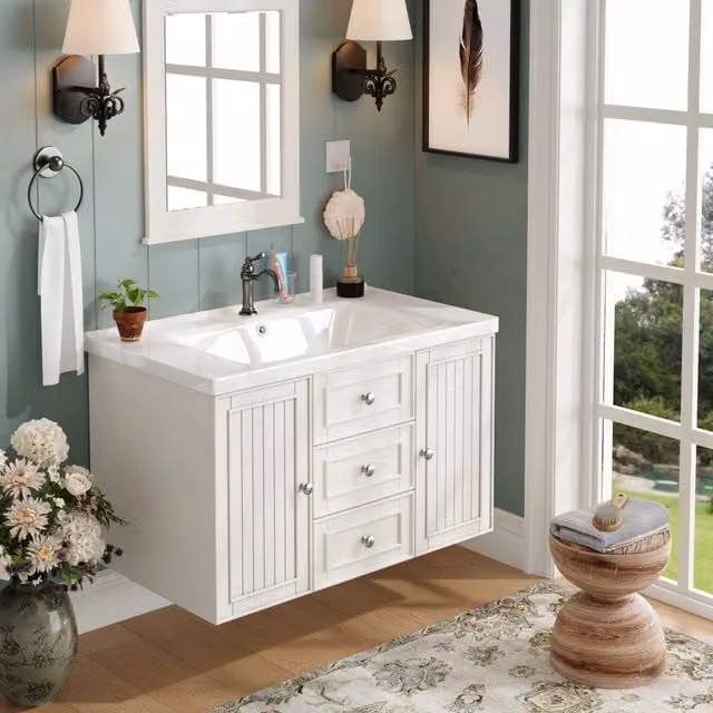 Mobile sottolavabo sospeso con lavabo in ceramica, 4 cassetti e vano, per bagno, MDF bianco, 78.5 × 46 × 46.8 cm