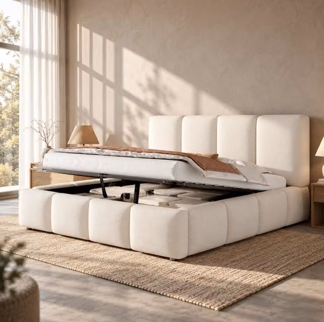 Letto matrimoniale contenitore 180x200 cm con rete a doghe e testiera in bouclé bianco