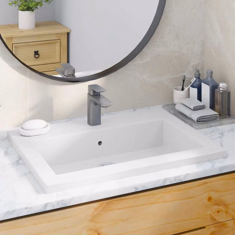 Lavandino in granito composito bianco vidaXL con troppo pieno, L: 60 cm, P: 45 cm, H: 12 cm
