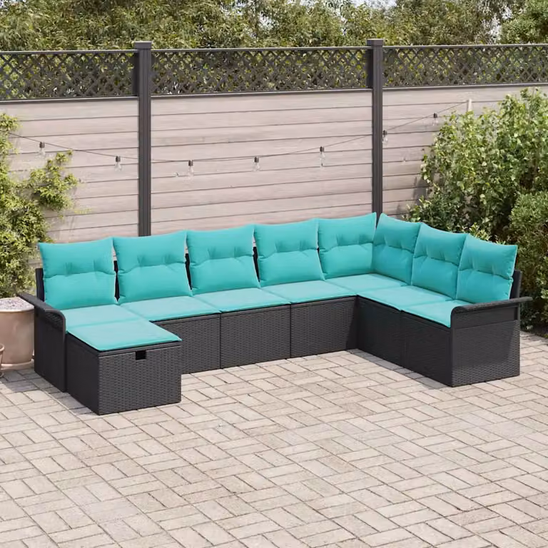 Set Divano da Giardino vidaXL 8 pz in Polyrattan con Cuscini e Struttura in Acciaio, Forma a L, Colori Grigio, Beige o Turchese