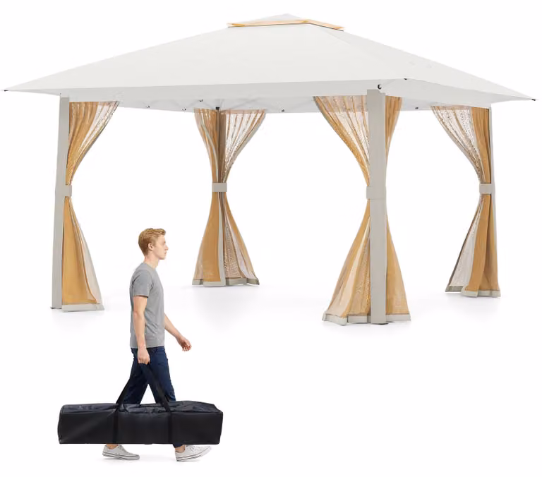 Gazebo COSTWAY 4x4 m, gazebo pieghevole pop-up con 4 zanzariere, doppio tetto e borsa per il trasporto, gazebo da giardino idrorepellente e resistente all'inverno, gazebo per feste beige