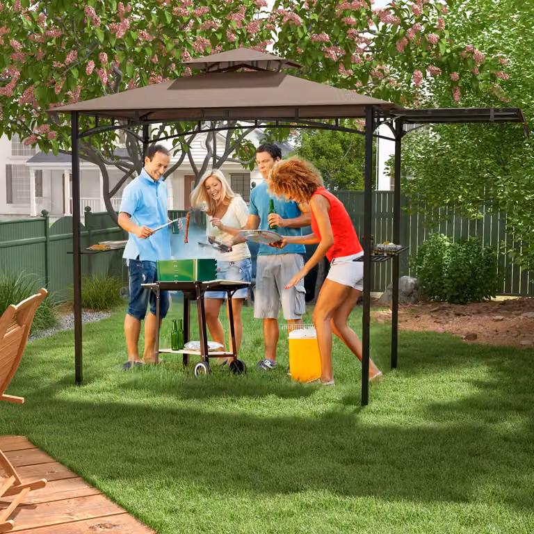 Gazebo per barbecue Costway Marrone con tendalino laterale, tetto a 2 livelli e 2 ripiani laterali, L/P/H: 250 x 203 x 200 cm
