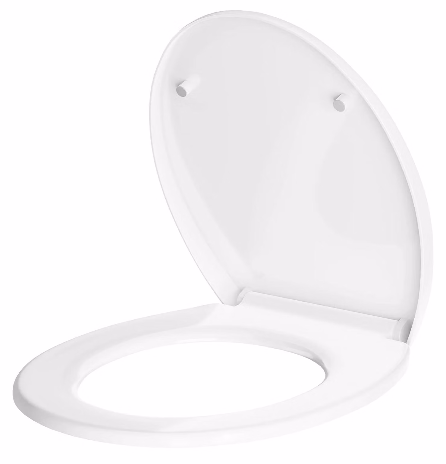 Copertura per WC a forma di "O", realizzata in polipropilene rinforzato, di dimensioni standard, con rivestimento antibatterico, sistema di chiusura rallentata e installazione senza l'uso di attrezzi