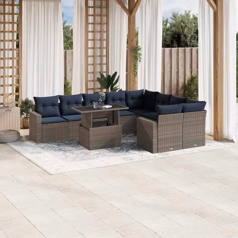 Set di divani da giardino vidaXL a forma di U in polyrattan con cuscini e tavolino da esterno, grigio e blu