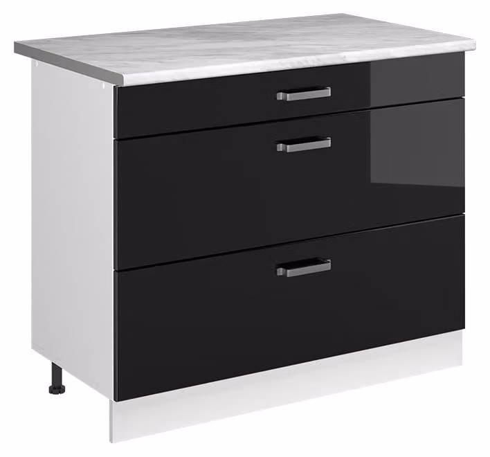 Mobiletto base per cucina Vicco R-Line Nero lucido/Bianco 100 cm piano di lavoro Marmo, Model 71534