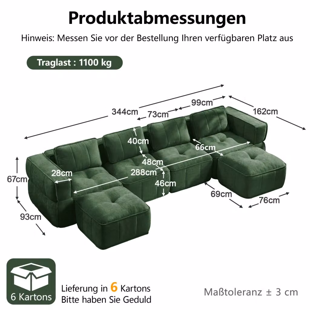 Divano panoramico a U modulare OKWISH da 4 posti con 2 pouf coordinati in tessuto verde per soggiorno – 2