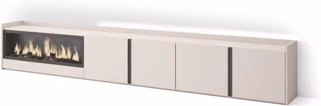 Mobile TV Soggiorno, 315x50x35 cm, Per TV fino a 80", Camino elettrico XXL, LED, Beige