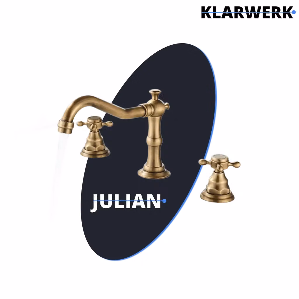 Rubinetto da bagno vintage Klarwerk JULIAN a 3 fori in ottone dorato e acciaio inossidabile con due maniglie – 2