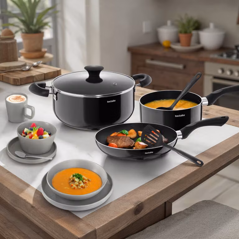 Set da cucina tectake da 45 pezzi in grigio e nero per 6 persone