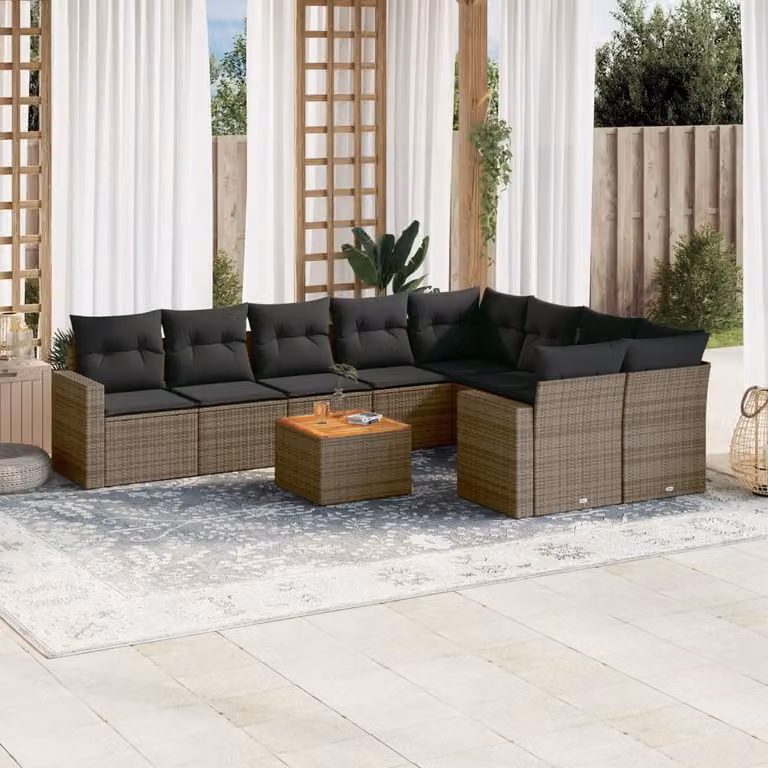 vidaXL Set Divano da Giardino a L 10 pz in Polyrattan Grigio con Cuscini e Tavolino da Caffè