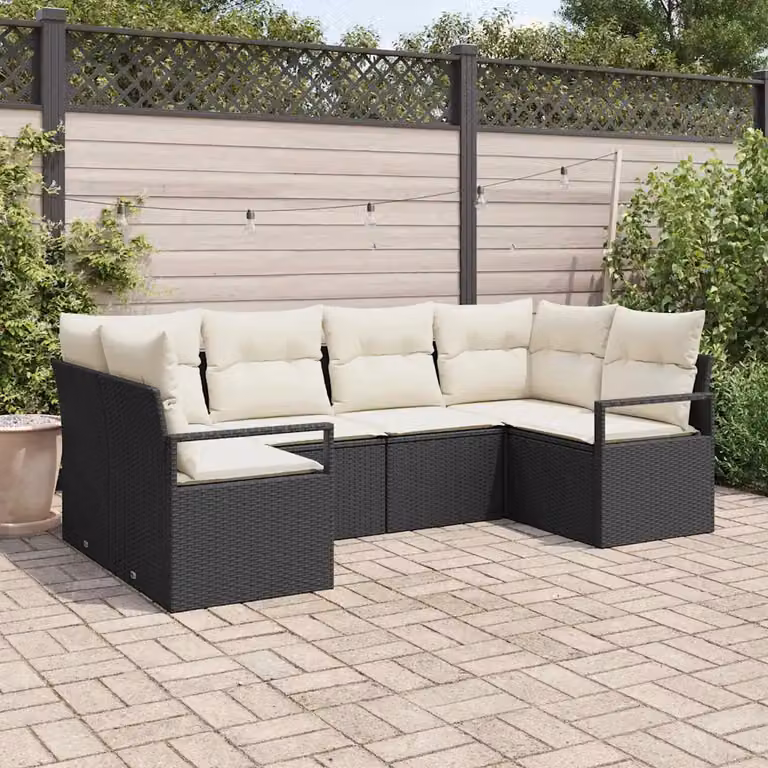 Set di divani da giardino vidaXL a forma di L con cuscini beige e struttura in metallo nero, composto da 6 pezzi con tavolino, pouf ed elementi angolari