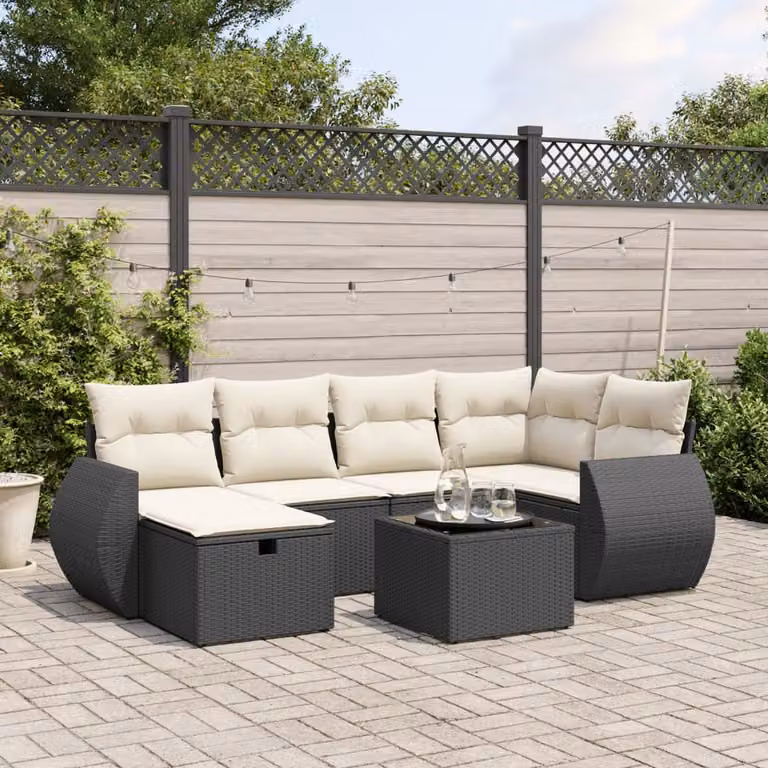 vidaXL Set Divani da Giardino a L con 7 Pezzi, Polyrattan Nero e Cuscini Imbottiti con Rivestimenti Rimovibili