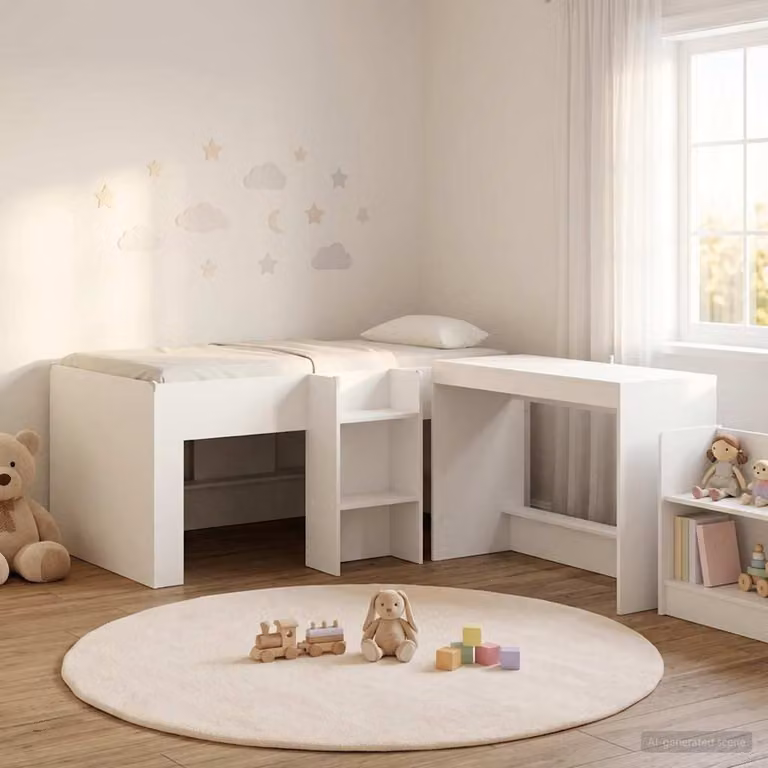 Letto alto singolo per bambini vidaXL con scrivania e scomparti laterali Bianco L: 200 cm, P: 120 cm, H: 163 cm