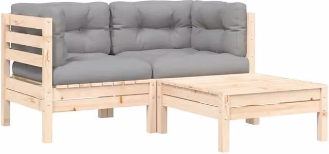 Set Divani da Giardino 3 pz | Set Salotto da Giardino con Cuscini Grigi Massello di Pino