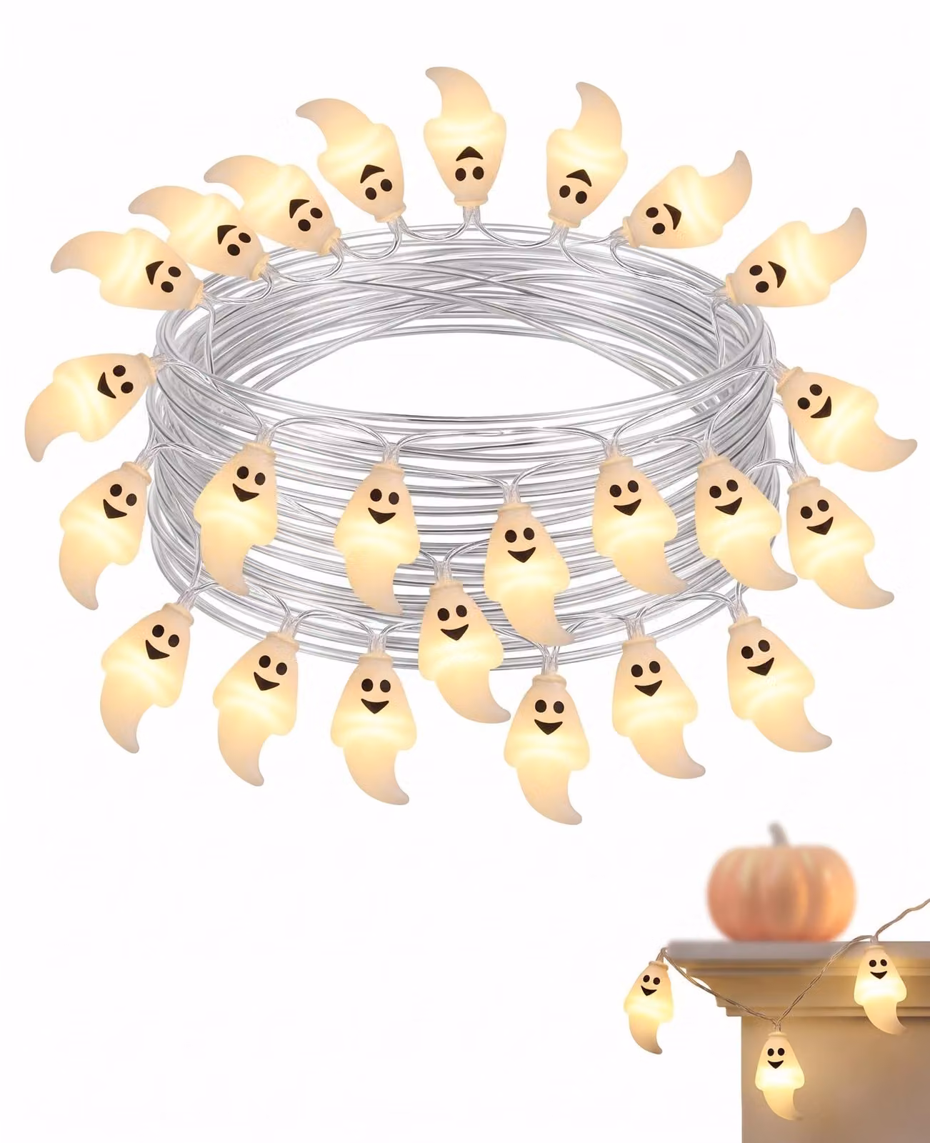 Catena luminosa a tema Halloween, lunghezza 3 metri, 20 luci a forma di fantasma, con timer