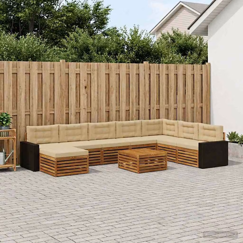 vidaXL Set di divani da esterno a L in legno di acacia con tavolino e pouf, 9 pezzi, Beige e Marrone